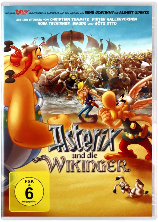 De voorkant van de dvd 'Asterix en de Vikingen', met Asterix, Obelix en hun honden, tegen een achtergrond van Viking-schepen.