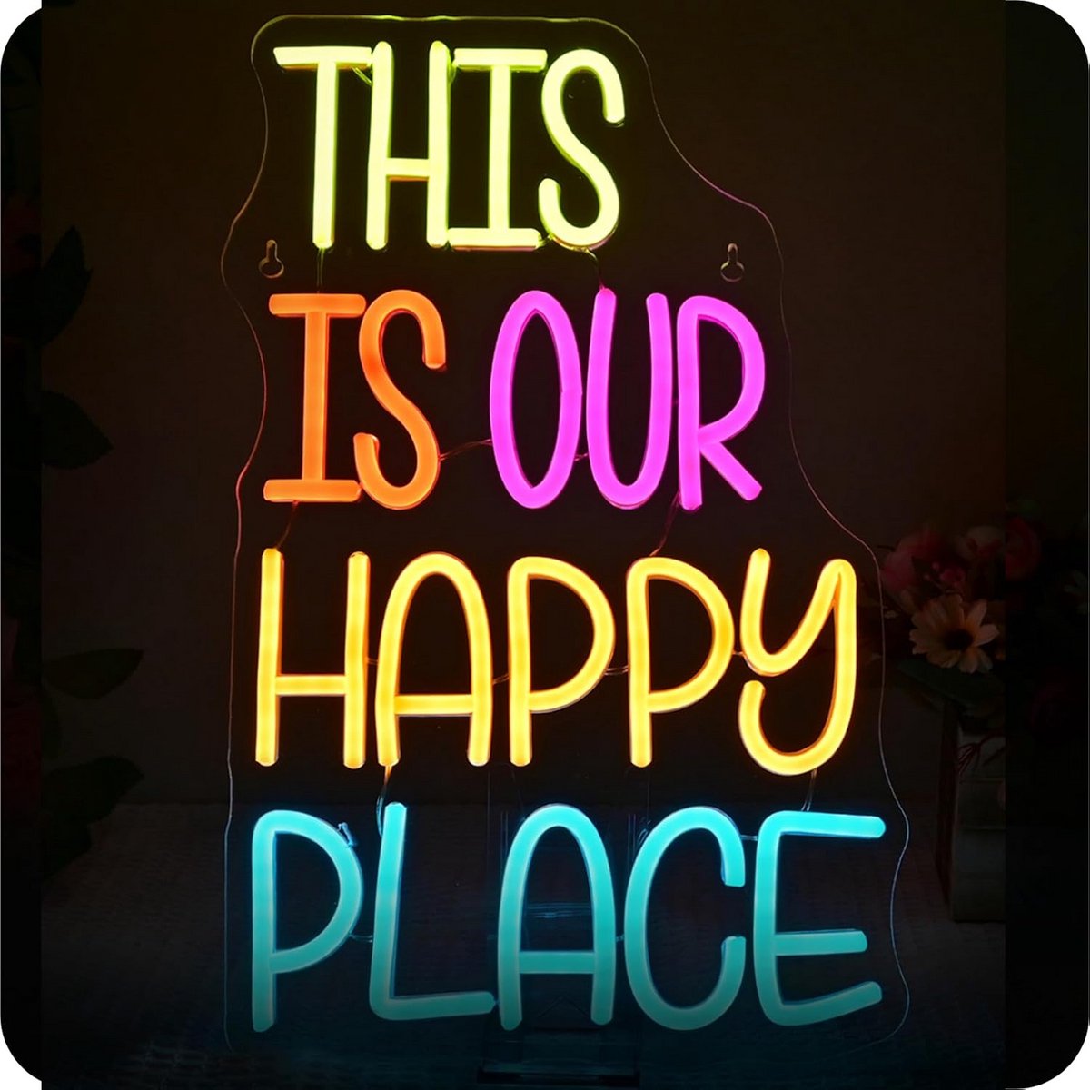 LED Neon Bord 'This Is Our Happy Place' - Dimbare Wandlamp voor Slaapkamer, Leeshoek en Ka