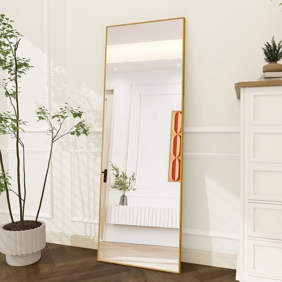 Rechthoekige Staande Spiegel met Aluminium Frame – HD Veiligheidsglas | Met Standaard, Wandmontage of Leunend Gebruik | Moderne Full Body Passpiegel