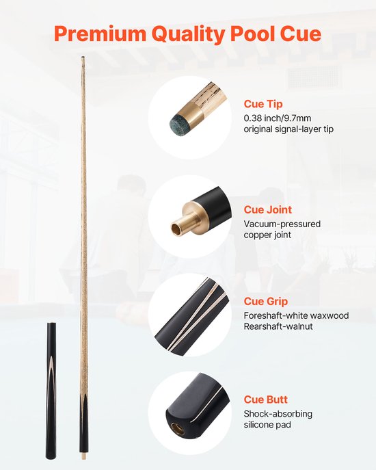 57-Inch Jointed Snooker-Keu met Verlengstang en 0,38-Inch Leren Punt, 19 Oz Poolstok voor Gebruik Thuis, Op Kantoor, In De Bar Of Op Een Professionele Pooltafel, Inclusief Houten Opbergkoffer van Merkloos — afbeelding 5