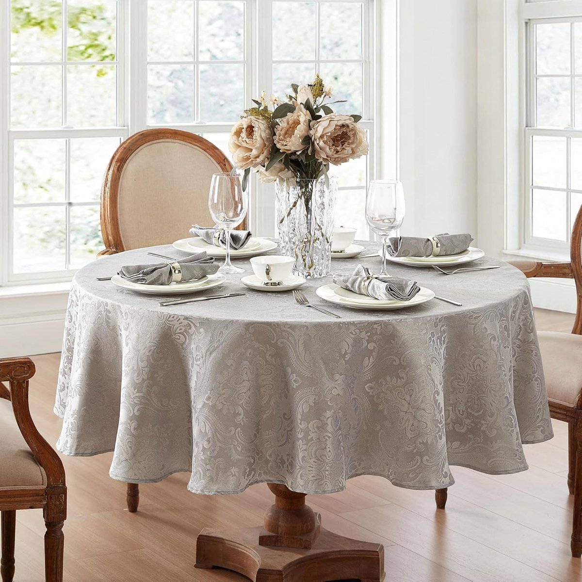 Lange Rechthoekige Damast Tafelkleed Taupe Polyester 152x213 cm Waterafstotend