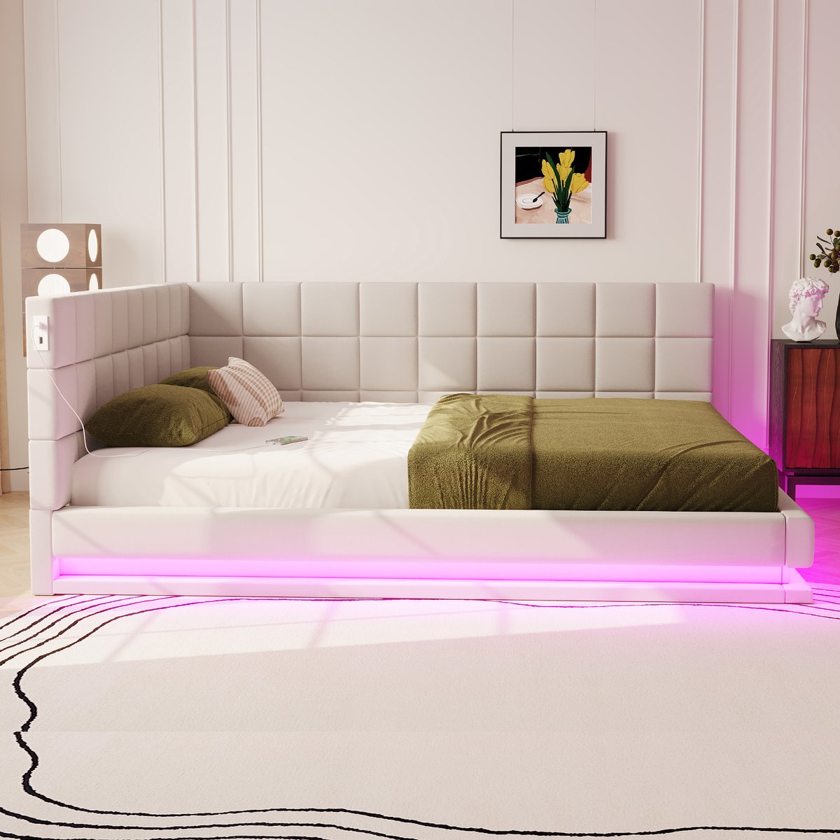 Wishdor Slaapbank 160x200 cm – Met LED & USB – Omvormbaar tot Bed – Stijlvol & Multifunctioneel – Linnen – Beige