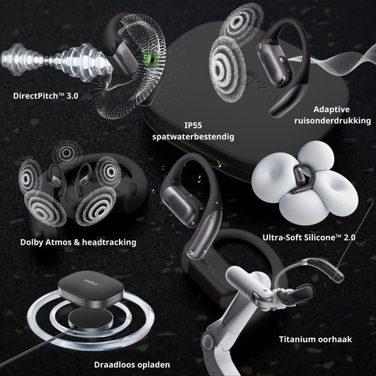 Technologieën van Shokz: DirectPitch, IP55 waterbestendig, Dolby Atmos, ultrasoft siliconen, draadloos laden.