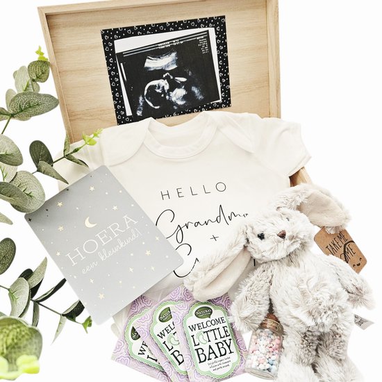 Annonce de grossesse pour les grands-parents – Coffret cadeau avec carte échographie, barboteuse « Bonjour grand-mère et grand-père », peluche, souris et boîte de rangement – ​​Cadeau surprise pour future maman - MammaZenn