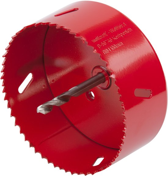 Rode wolfcraft gatenzaag met bim text en 100mm aanduiding.