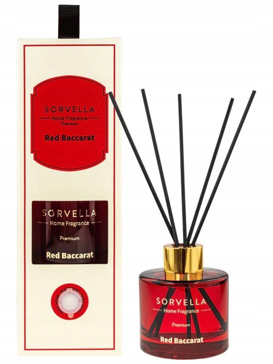 Sorvella Red Baccarat huisparfum met 5 zwarte geurstaafjes in een glazen flesje.