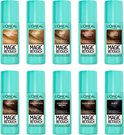 Tien L'Oréal Paris Magic Retouch uitgroeisprays in verschillende kleuren: licht goudblond, blond, beige, mahoniebruin, goudbruin, bruin, koudbruin, koel donkerbruin, donkerbruin en zwart.