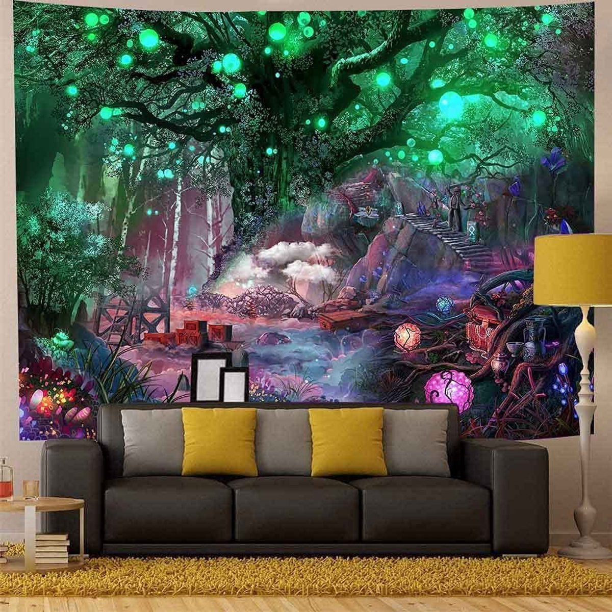 Unyqoos Psychedelisch wandtapijt met zon, maan en boom voor sfeervolle decoratie Kleurjik