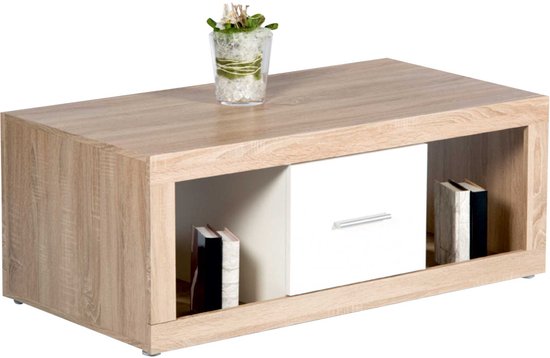 Table basse Brekalo 115cm avec 2 tiroirs - chêne/blanc - Emob - Outlet - Blanc|Brun - Mélamine|Panneaux de particules - Outlet