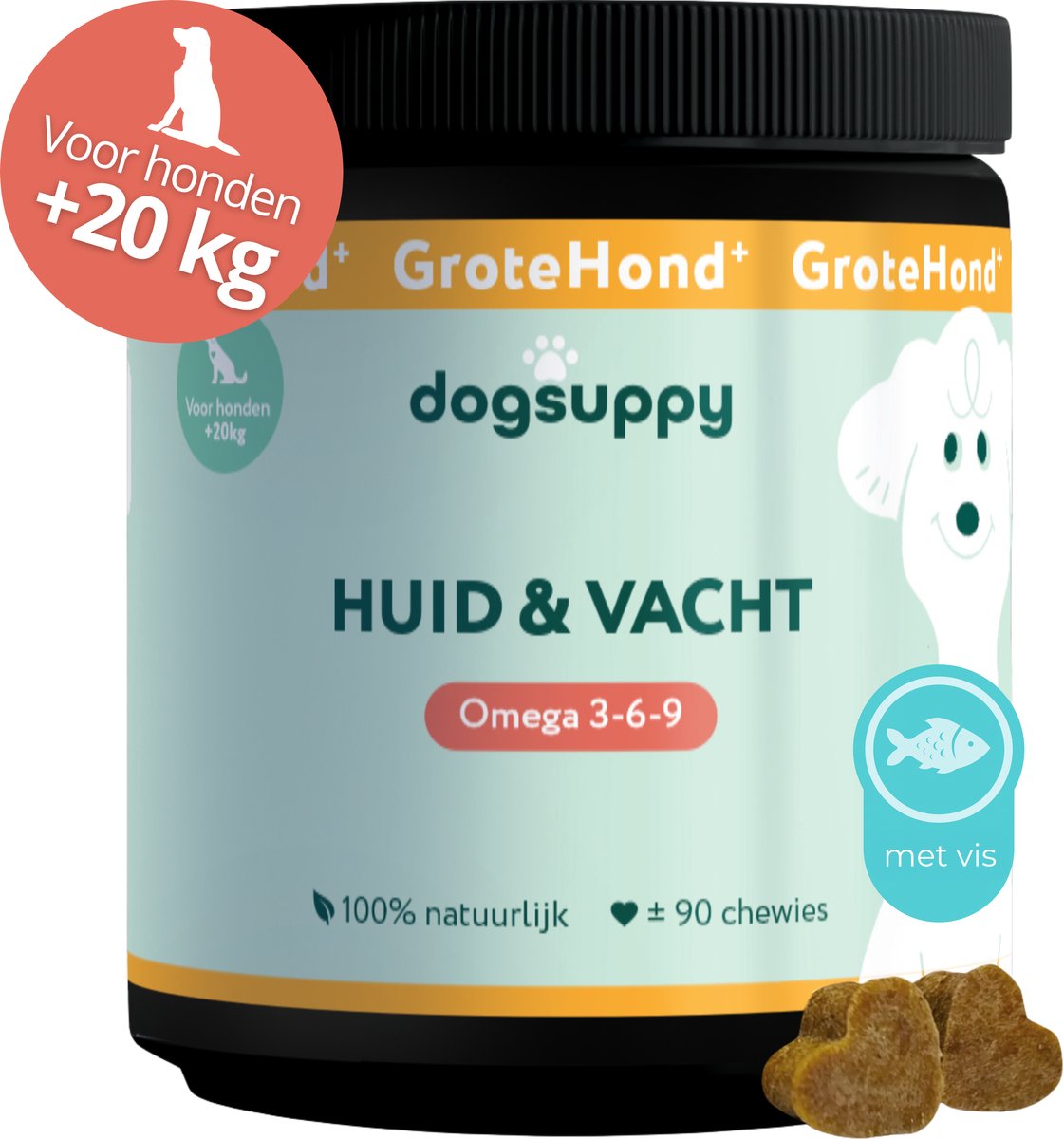 GroteHond⁺ Huid & Vacht - Omega 3-6-9 - Speciaal voor Droge Huid & Doffe Vacht - 100% Natuurlijk - 90 snoepjes - Voor Herstel van de Huidbalans - bij Haaruitval, Schilfers, Krabben/likken, Kale plekken, Roodheid - Voor Grote Honden +20kg