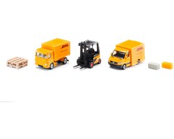 SIKU 6335, DHL logistiek geschenkset, inclusief vrachtwagen, heftruck, bezorgwagen, pallets en pakketten, metaal/kunststof, geel, bewegende onderdelen
