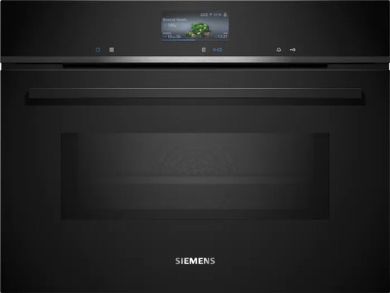 Zwarte Siemens inbouw oven met digitaal display waarop 'Broccoli florets' wordt getoond.