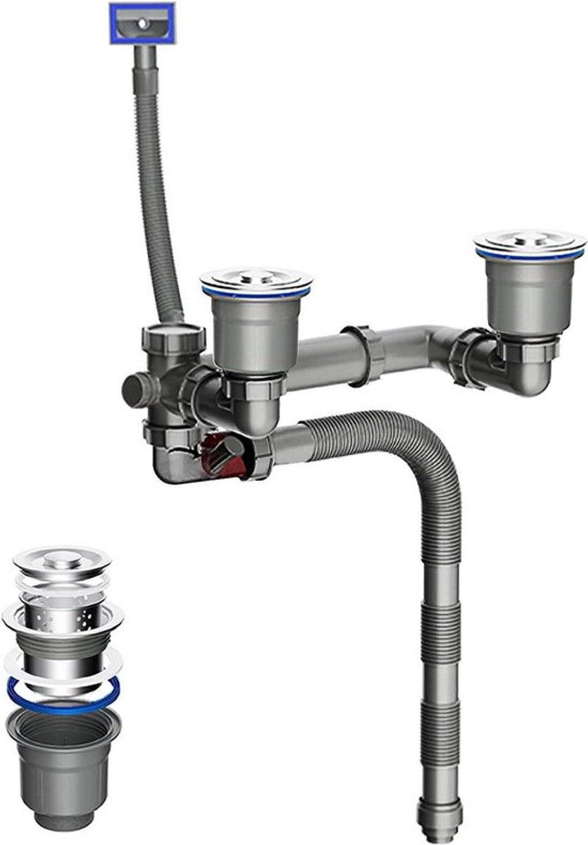 Dubbele sifon keuken spoelbak 110 mm, afvoerpijpset, geurdicht en overloopveilig, verstelbare buis. Geschikt voor Φ 40/50 mm afvoerbuizen.