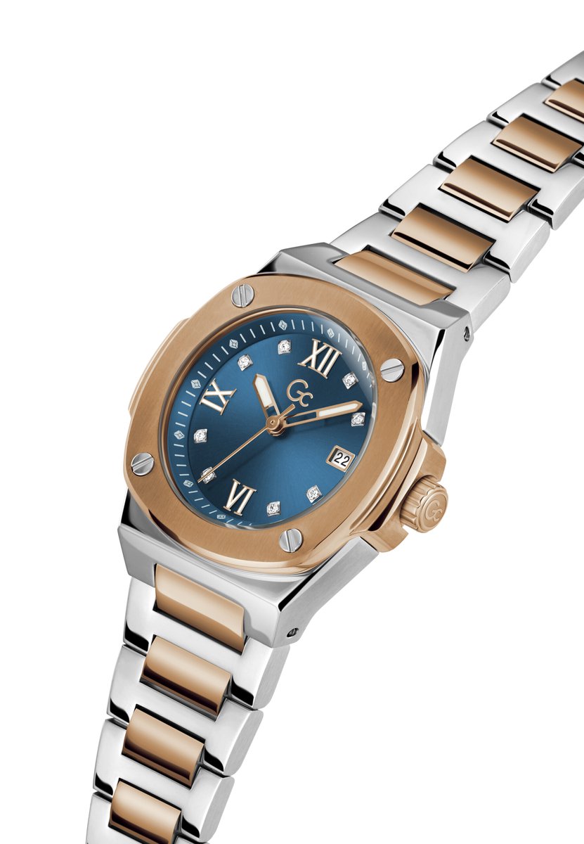 Gc Gc Coussin Shape Mini Quartz Analoog Horloge Zilver En Blauw Kast: 100% Roestvrij Staal | Bracelet 100% Roestvrij Staal 30 mm Z12010L9, Z12011L7