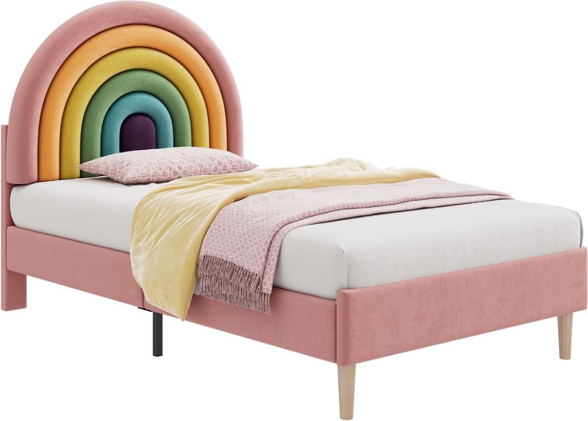 MODFU Ledikant 90x200 cm – Fluweel Roze met Regenboog Hoofdbord & Verstelbaar Hoofdeinde – Vrolijk Bed voor Kinderkamer – Zacht Roze Fluweel