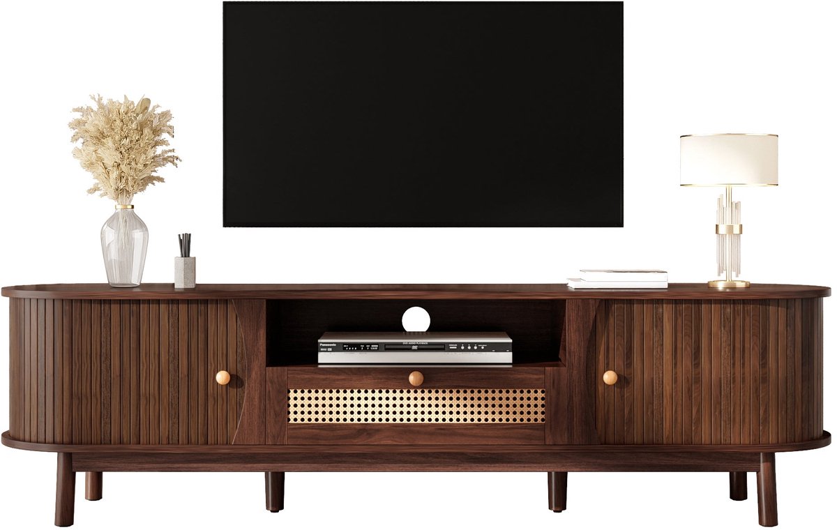 Merax Televisiemeubel Met Schuifdeur En Rieten Lade - Tv Meubel In Notenhoutkleur - 165 X 37 X 46 Cm - Met Open Vakken En Deuren - Voor Woonkamer