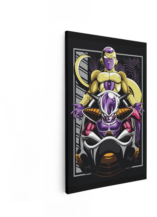 Schilderij met gouden Frieza en zijn paarse vorm op een zwarte achtergrond, weergave van de zijkant.