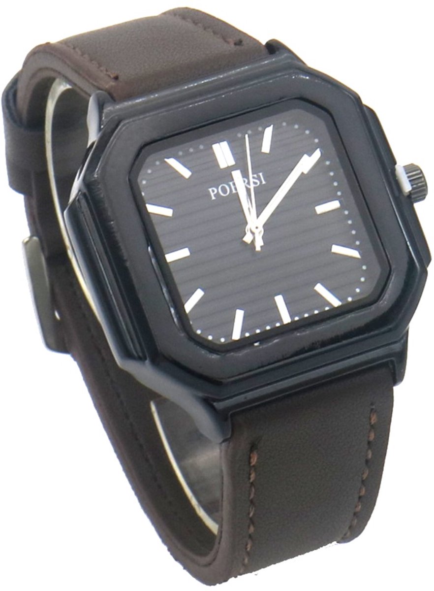Horloge - quartz - PU band - zwart-bruin
