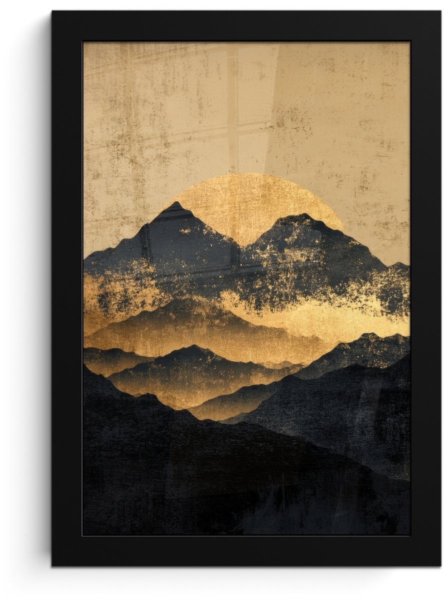 FrameYourWall Poster in lijst - Fotolijst 20x30 cm - Posters - Gouden Bergen bij Maanlicht - Posterlijst zwart - Decoratie - Wanddecoratie woonkamer - Muurdecoratie slaapkamer Bergen - Goud - Schilderij