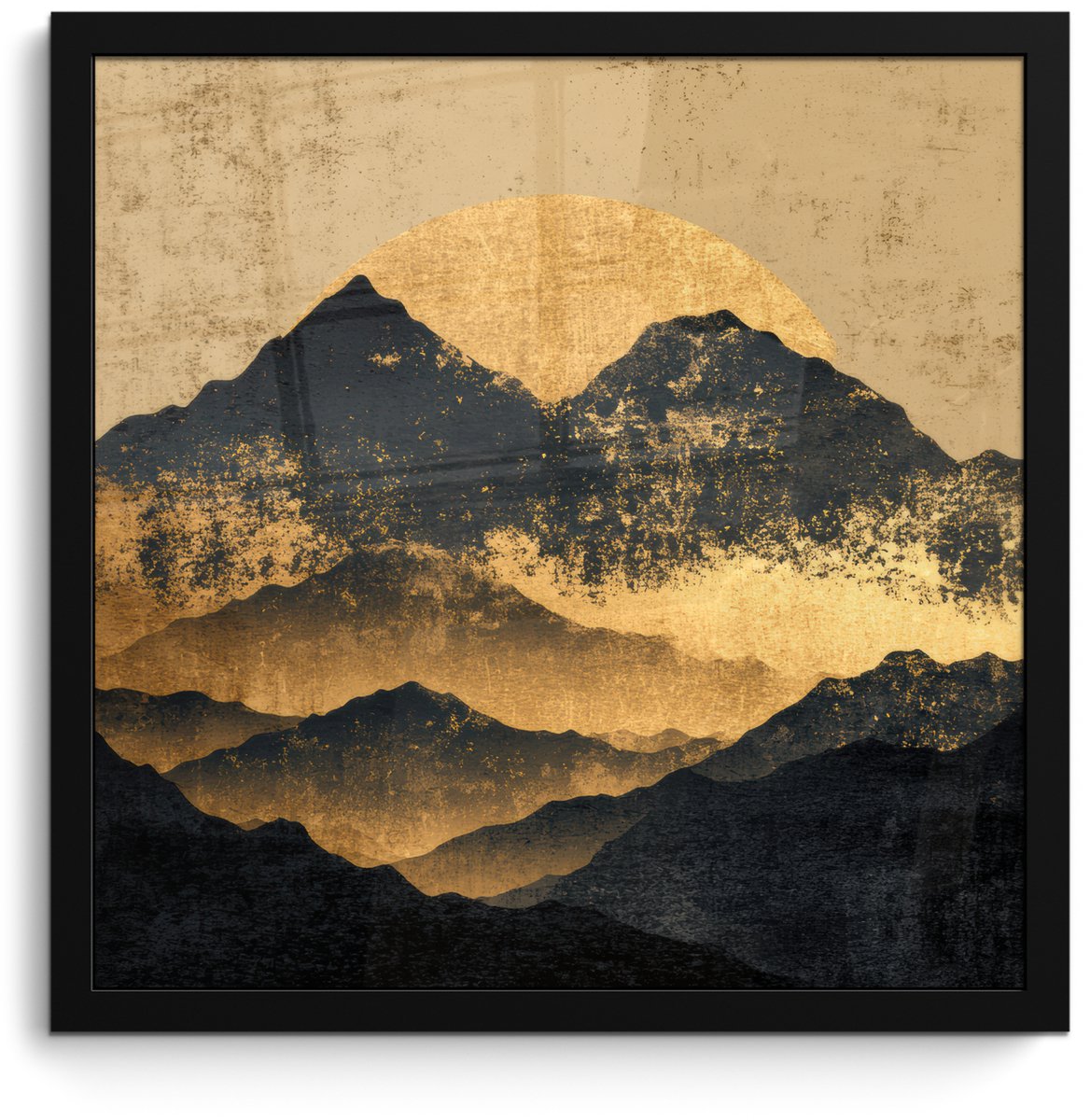 FrameYourWall Poster in lijst - Fotolijst 40x40 cm - Posters - Gouden Bergen bij Maanlicht - Posterlijst zwart - Decoratie - Wanddecoratie woonkamer - Muurdecoratie slaapkamer Bergen - Goud - Schilderij