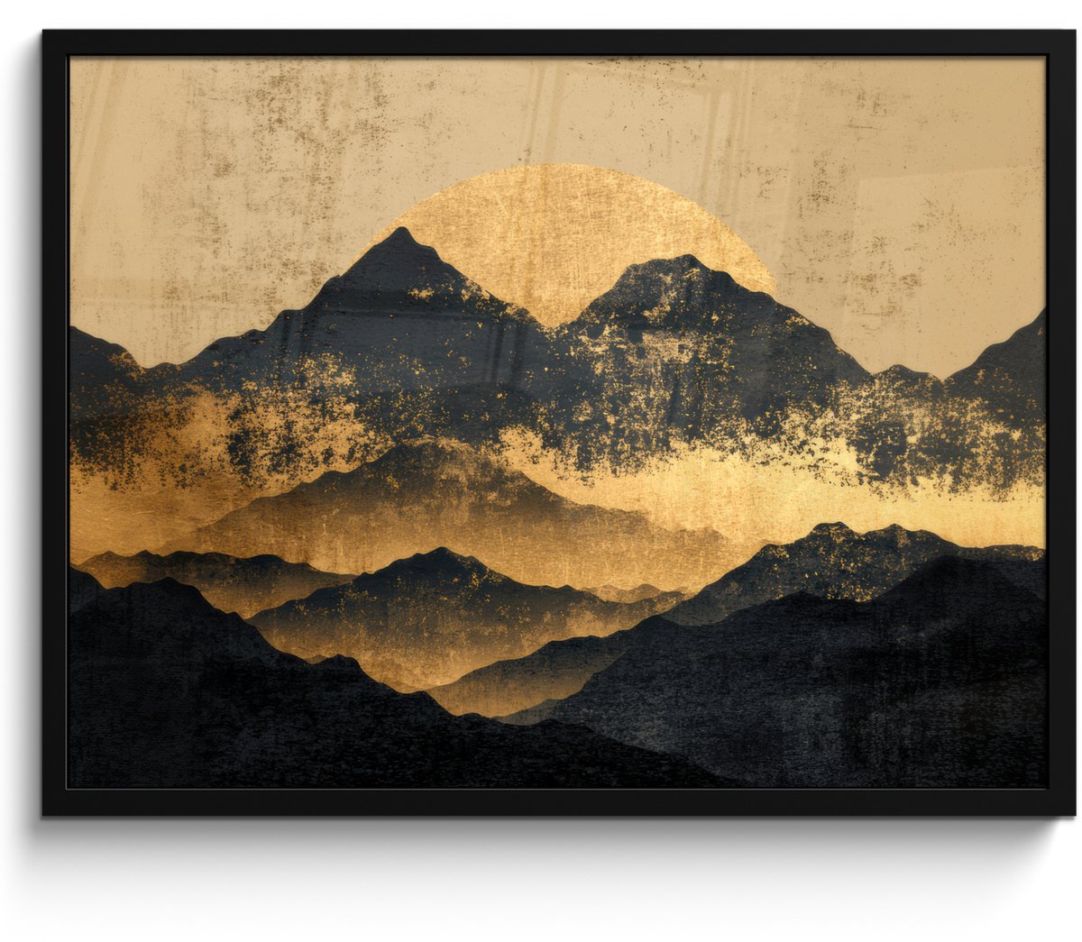 FrameYourWall Poster in lijst - Fotolijst 80x60 cm - Posters - Gouden Bergen bij Maanlicht - Posterlijst zwart - Decoratie - Wanddecoratie woonkamer - Muurdecoratie slaapkamer Bergen - Goud - Schilderij