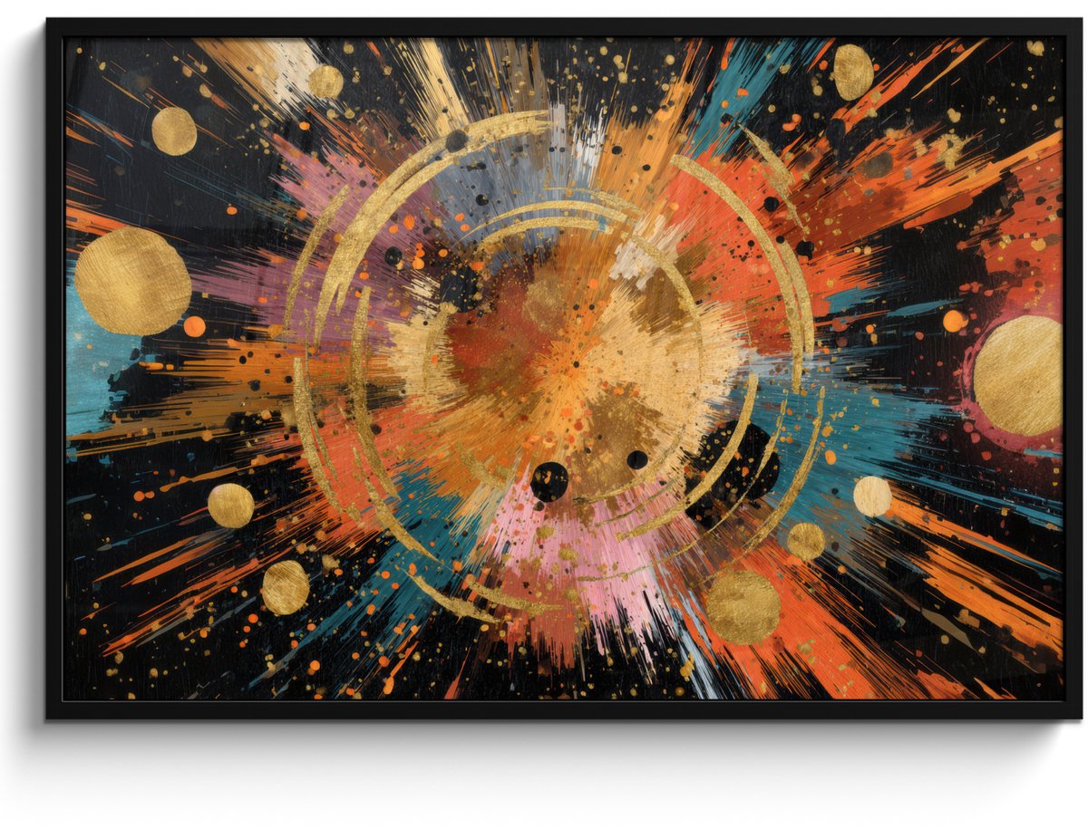 FrameYourWall Poster in lijst - Fotolijst 120x80 cm - Posters - Explosie - Verfstructuur - Goud - Abstract - Posterlijst zwart - Decoratie - Wanddecoratie woonkamer - Muurdecoratie slaapkamer