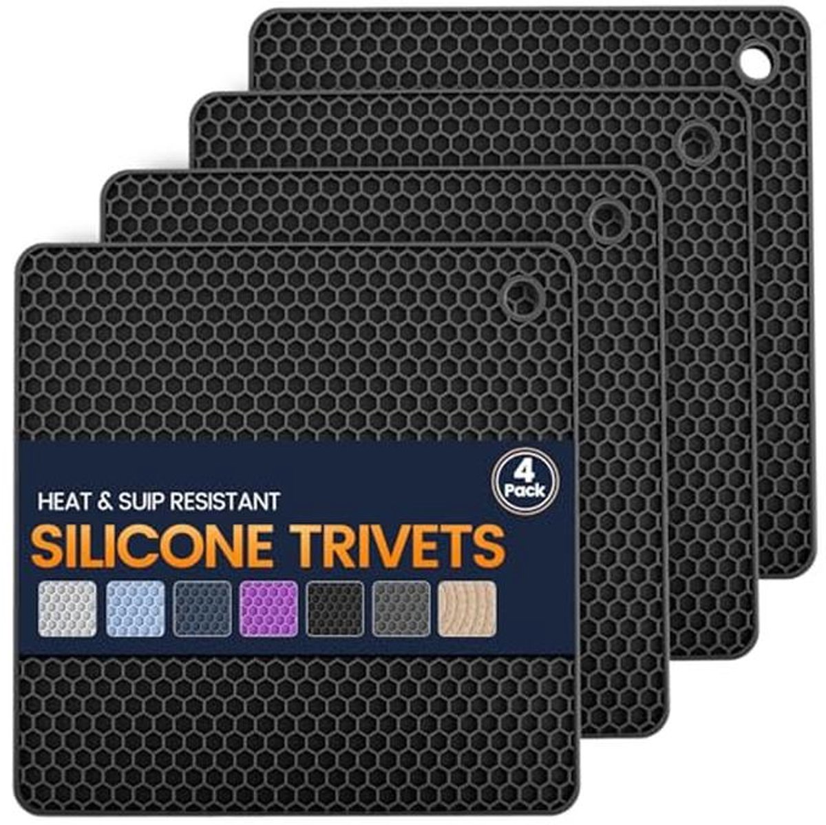 Siliconen onderzetter matten 4 hittebestendige pannenlappen multifunctionele antislip hete pads voor keuken pannenlappen, droogmat, potopener, lepelhouder, onderzetter. (donkerzwart)