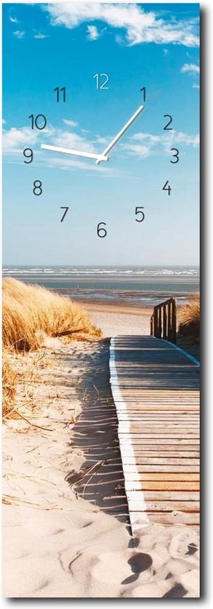 daazoo Wandklok Sunny Beach 20 x 60 cm (zonder tikkende geluid), glazen klok inclusief wandophanging, geruisloze klok, Made in EU, voor woonkamer, eetkamer, hal of slaapkamer, eenvoudige montage