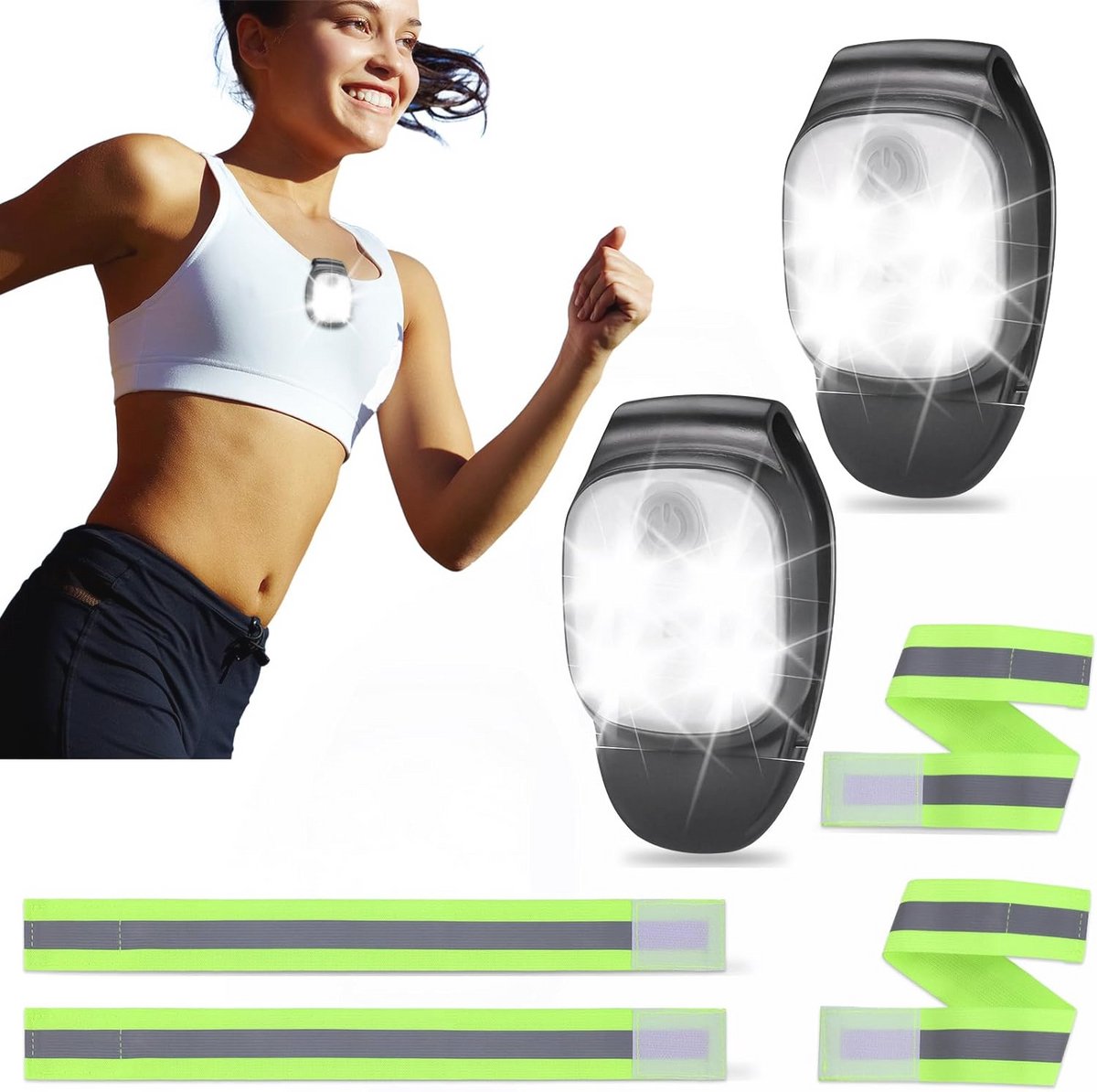 Loopverlichting met clip en reflecterende armbanden - LED borstlamp voor nachthardlopen, joggen en kamperen