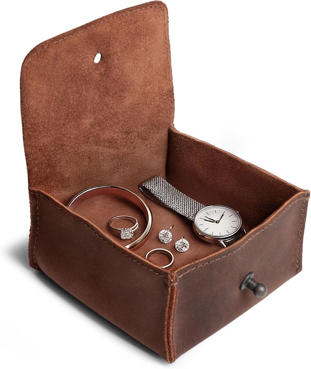 Hide Drink, Leather Jewelry Pouch, Mini Travel Size Box, Rings Precious Items Storage Organizer, Groom Bridesmaid Wedding Gifts, Handmade:: Bourbon Brown