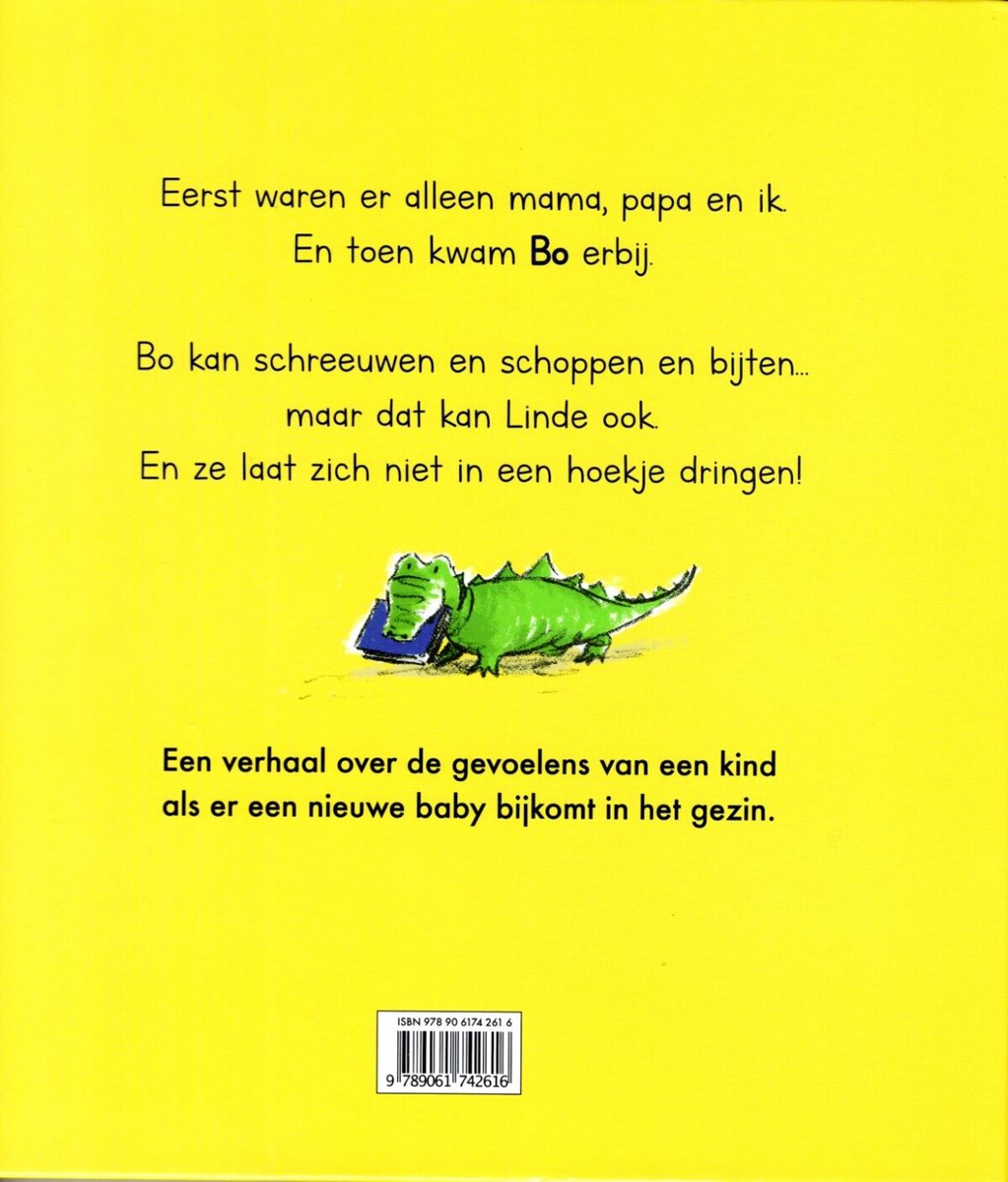 Achterkant boek "Niet doen!" met tekst en een illustratie van een groene krokodil die in een blauw kussen bijt.