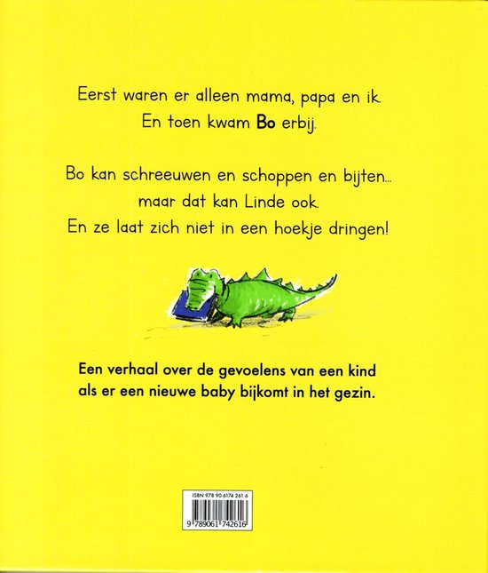 Achterkant boek "Niet doen!" met tekst en een illustratie van een groene krokodil die in een blauw kussen bijt.