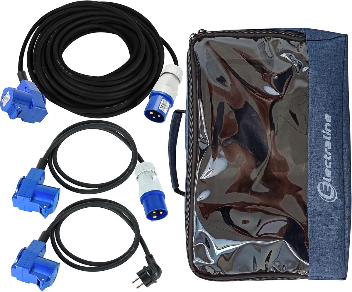 Electraline Campingset IP44 - Industriële Verlengkabel Van Rubber 10 M en Adapter 1,5 M Met Dubbel Stopcontact Schuko/CEE - CEE-Stekker en Schuko-Stekker