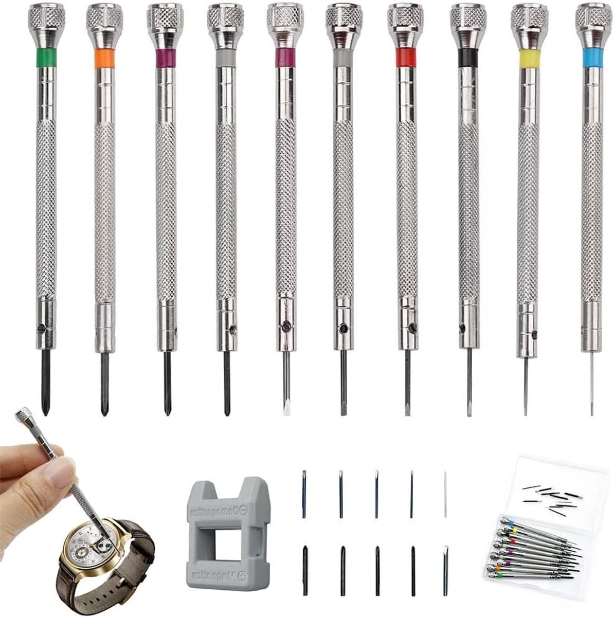 Allecta- Horlogemaker gereedschapset - precision tools - veelzijdig inzetbaar - verschillende maten - horloge reparatie - fijnmechanisch werk - precisie instrumenten - professionele horlogemakers - zilverkleurig-model met opbergdoosje