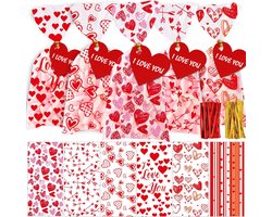 120 Stuks Doorzichtige Cellofaan Zakjes met Rode Harten en 100 Hartenlabels voor Valentijnscadeaus