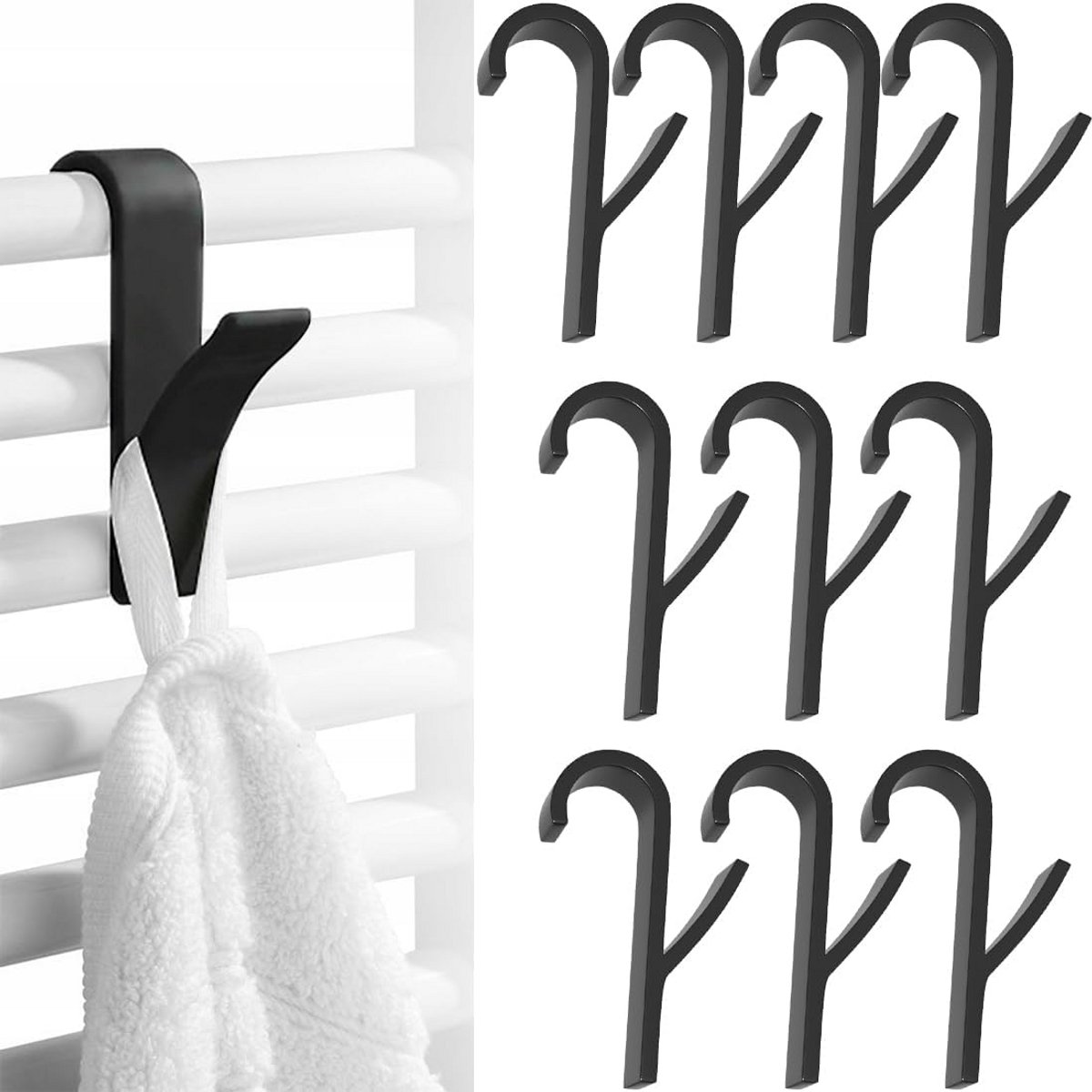 10 zwarte haken voor handdoekradiator en badkamerradiator