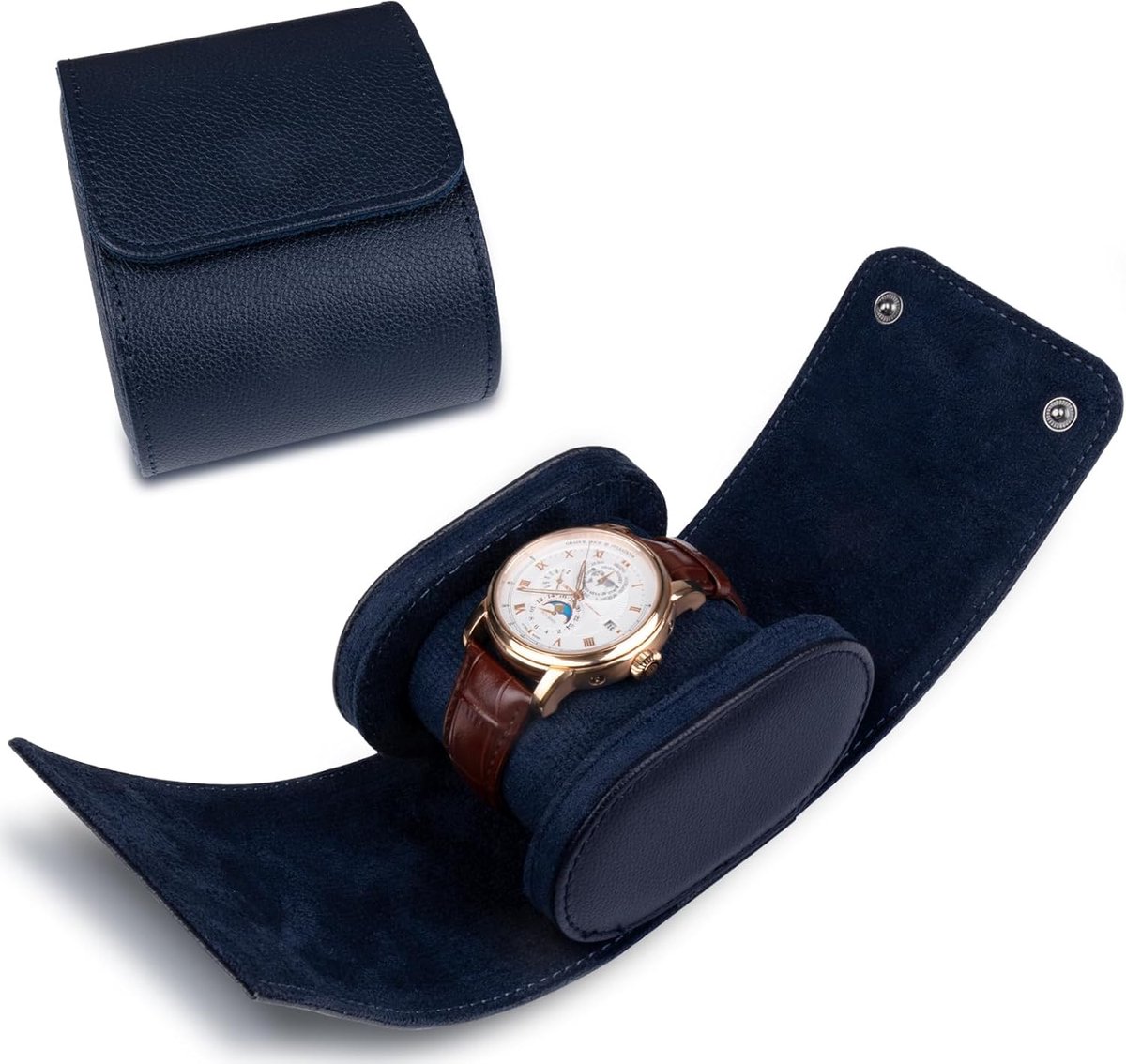 Luxe PU-lederen etui voor 1 horloge, opbergrol, ideaal als cadeauverpakking of horlogedoos voor een verjaardag,Blauw