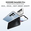 DOOGEE Note56X Pro smartphones in lichtblauw, zilver en zwart, met nadruk op dun ontwerp en specificaties.
