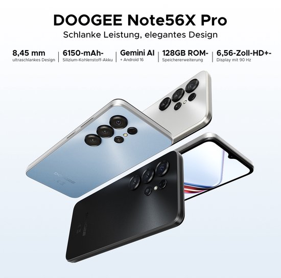 DOOGEE Note56X Pro smartphones in lichtblauw, zilver en zwart, met nadruk op dun ontwerp en specificaties.