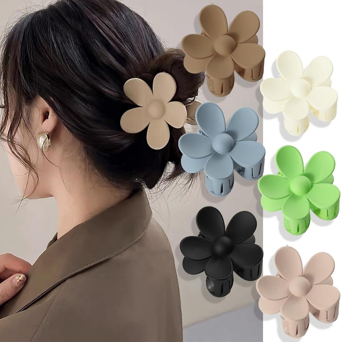 Set van 6 Grote Matte Bloemen Haarspelden - Antislip Klemmen voor Dik Haar