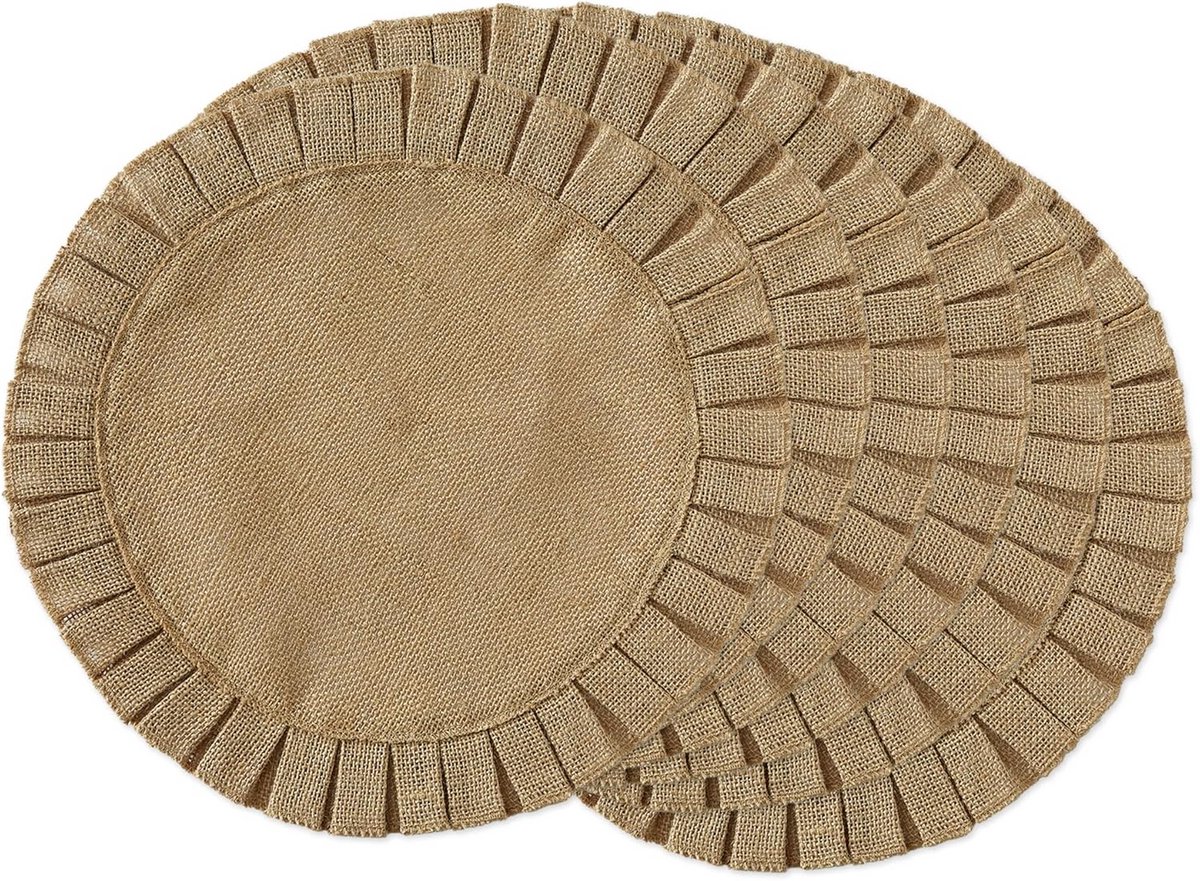 Set van 6 Ronde Jute Placemats met Gerimpelde Rand - Natuurlijke Tafelbeschermers