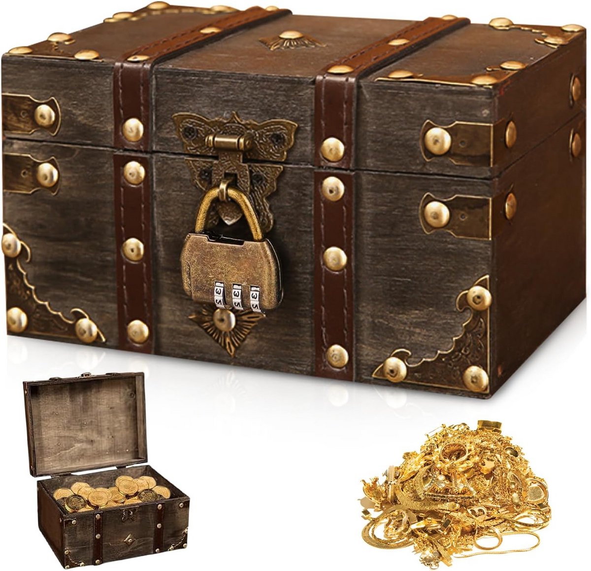 Houten Schatkist met Cijferslot voor Sieraden of Spaarcenten