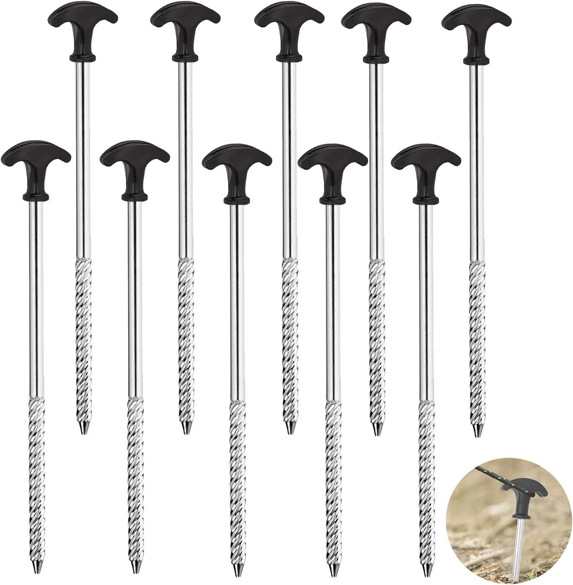 Set van 10 Stevige Stalen Grondharingen 21 cm Spiraalvormig voor Tent en Tuin