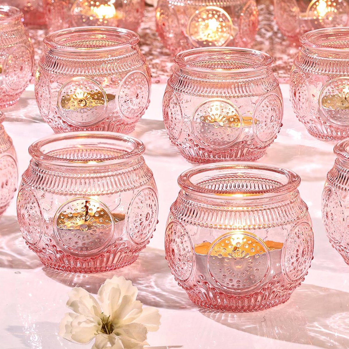 24x Roze Theelichthouders Glas - Decoratie voor Bruiloft, Feest en Tafel