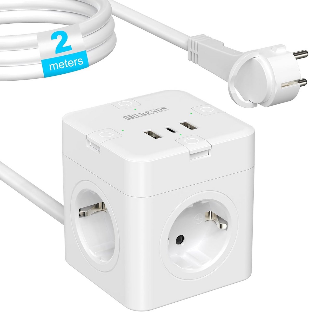 Stekkerblok Kubus met USB-C, USB A en 4 Stopcontacten - Platte Stekker, Aan/Uit Schakelaar, 2m Kabel