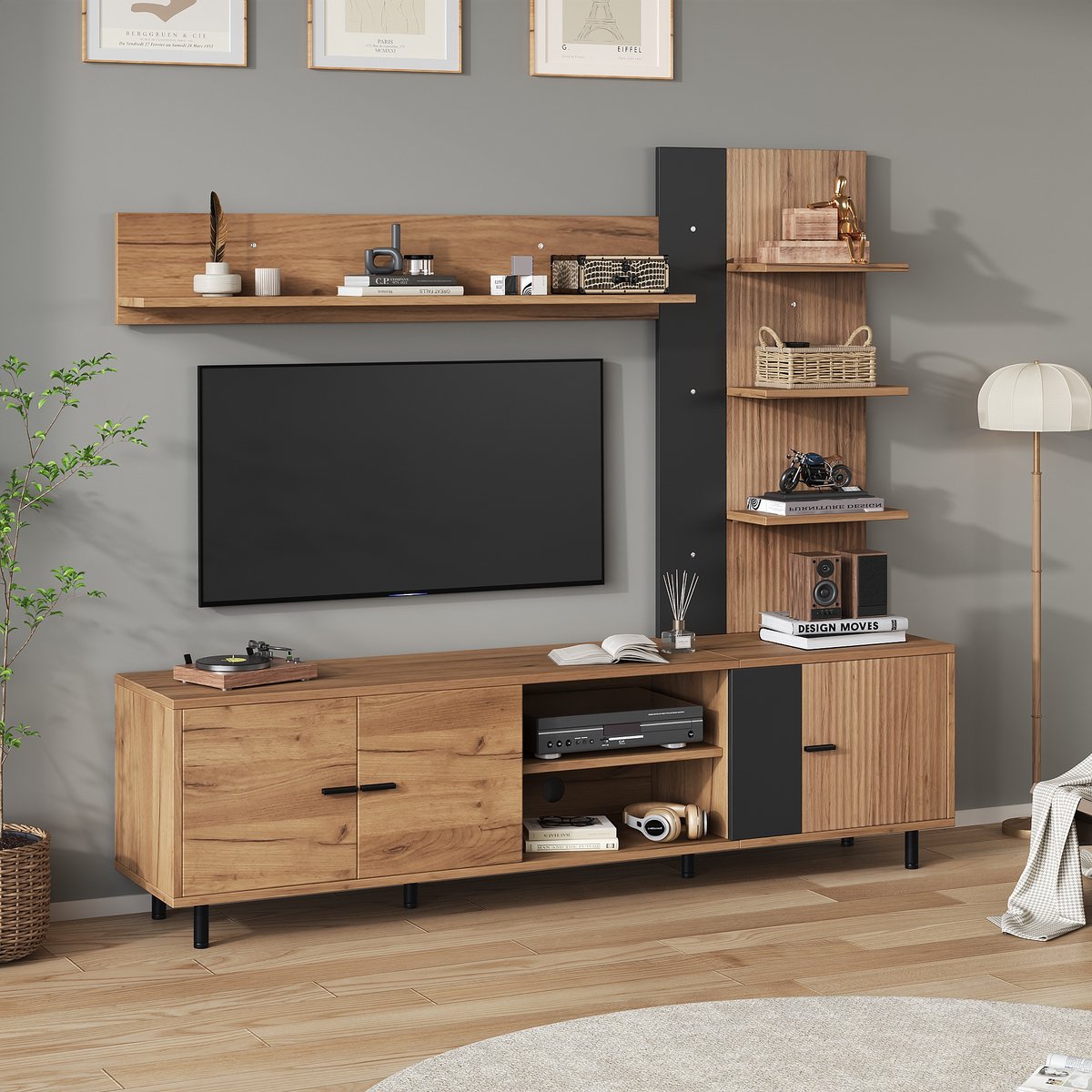 HAUSS SPOLE TV-Meubelwand - Compact TV-Set Met 3 Kasten En Open Planken - 45 Kg Draagkracht En Anti-Kantel - Spaanplaat - 187,5x40x167 cm - Hout/Zwart