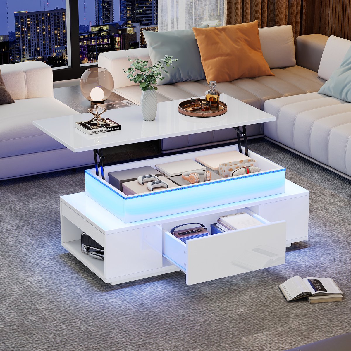 OKWISH Salontafel – Hydraulisch Verstelbaar – 1 Lade – Halfoffen Vakken – Met LED App-gestuurd – Hoogglans Wit – Verborgen Opbergruimte 36x72,5 cm – USB 5V/2A Kabel Inclusief – Draagkracht 20 kg – 96x45x40 cm