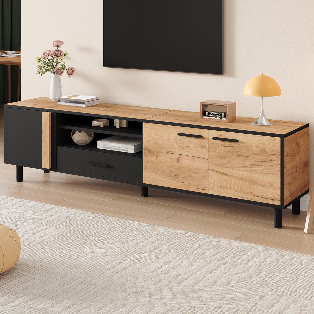 OKWISH TV-meubel – 3 Deuren 1 Lade – Zonder LED – Scandinavische Stijl Met Opbergruimte – 