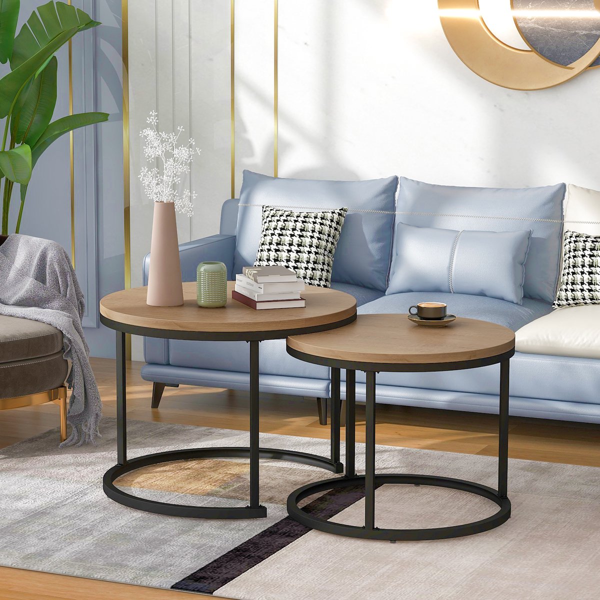 STILVORA Salontafel - Rond Stapelbaar 2-Delig Met Marmerlook Tafelbladen En Metaalframe - MDF - 70,5x50 / 45,5x44 Cm - Notenbruin
