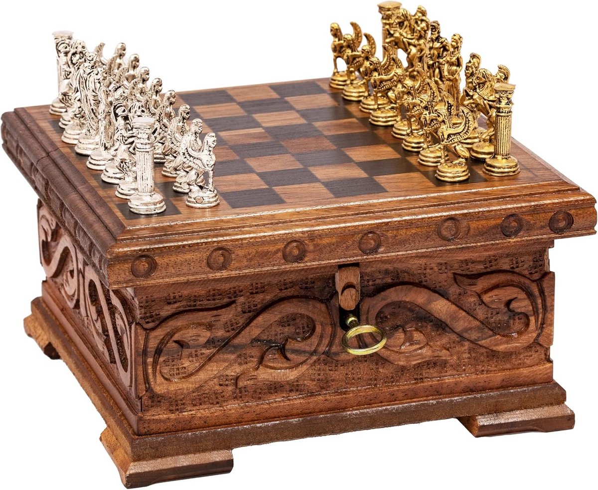 Handgemaakt Houten Schaakbord met Opbergvak en Sleutel - Klassiek Design